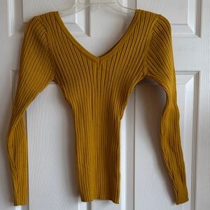 V-Neck Form Fitting Mustard Ribbed Knit Sweater
